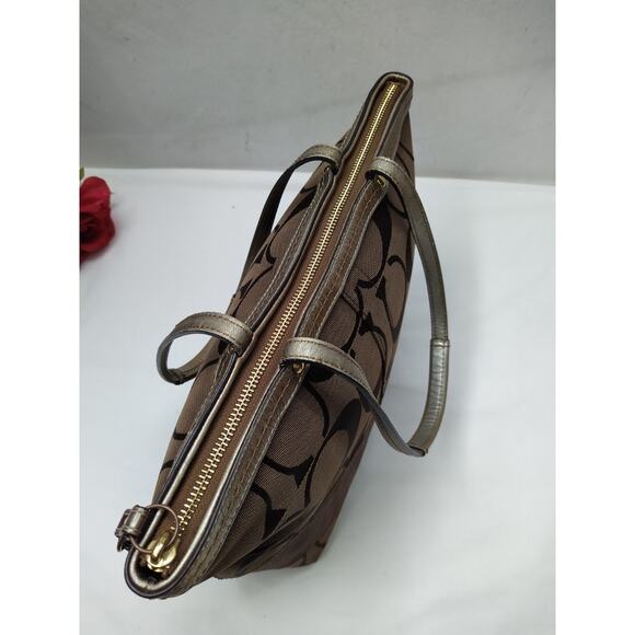 Coach Signature Brown Canvas Stripe Double Handles Zipper Closure 